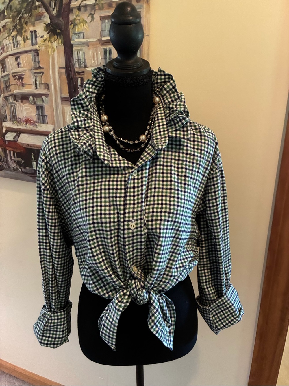 Lands' End Green & Navy Gingham Tie-Front Shirt